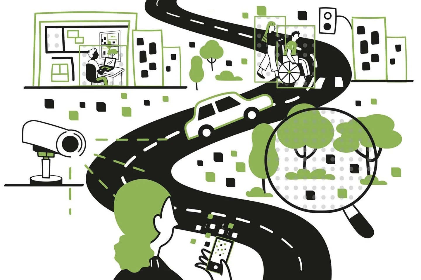 Illustration of a road and a city with cameras and digital devices.