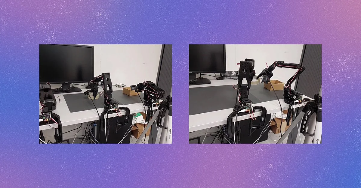 Two views of robotic arms in a laboratory demonstration.